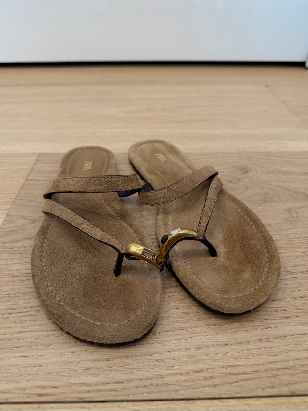 Zara Brown Suede Toe-Post Sandals with Gold Accent